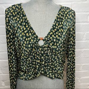Urban Outfitters UO Size L Long Sleeve Crop Top Pleated Green and Yellow Floral